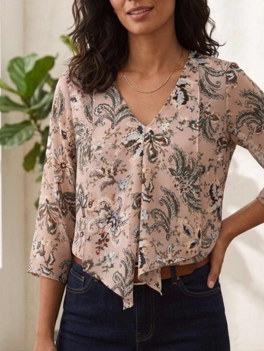 Chico's Beige Floral Paisley 3/4" Sleeve Size 1, Equivalent To Size M